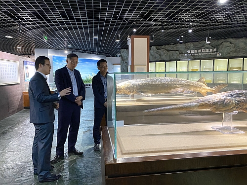 驻武汉办主任郭伟勋(中)在水生所副所长缪炜(右)陪同下参观博物馆