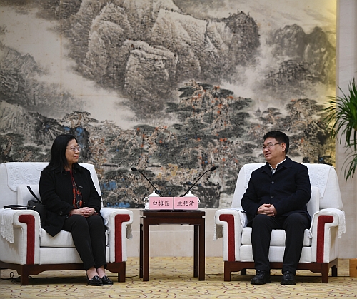署理驻武汉办主任白梅霞(左)与襄阳市委常委、市政府常务副市长孟艳清会面(右)
