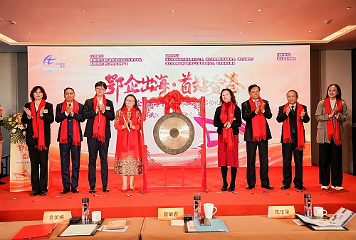 驻武汉办主任蔡敏君(左四)、省港澳办主任章笑梅（右四）、省商务厅一级巡视员陈华荣（右三）、省发改委二级巡视员孙传海（左二）、省国资委二级巡视员陈爱斌（右二）、投资署华中投资推广总监周宜凯（左三）、贸发局华中代表吴潇潇（左一）、香港商会常务副会长魏彬（右一）敲锣启动仪式